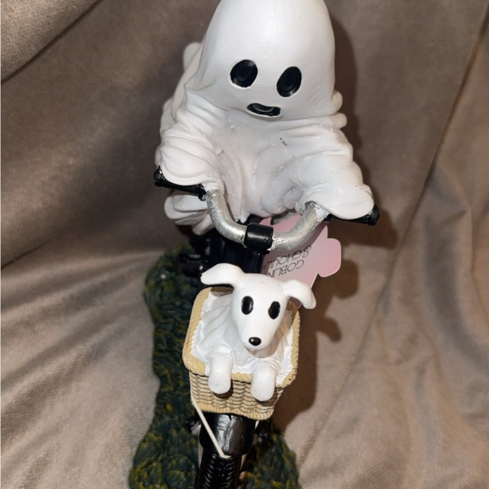 Halloween Ghost on Bicycle with Dog Figurine